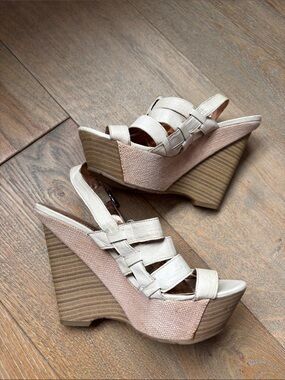 BCBGeneration Beige and Tan Wedge Sandals